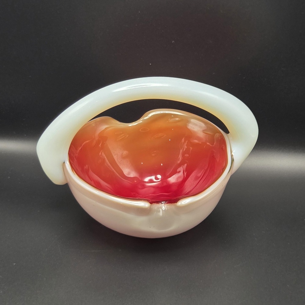 Vintage Art Glass Basket Bowl White Orange Heavy Hand Blown MCM Murano Style